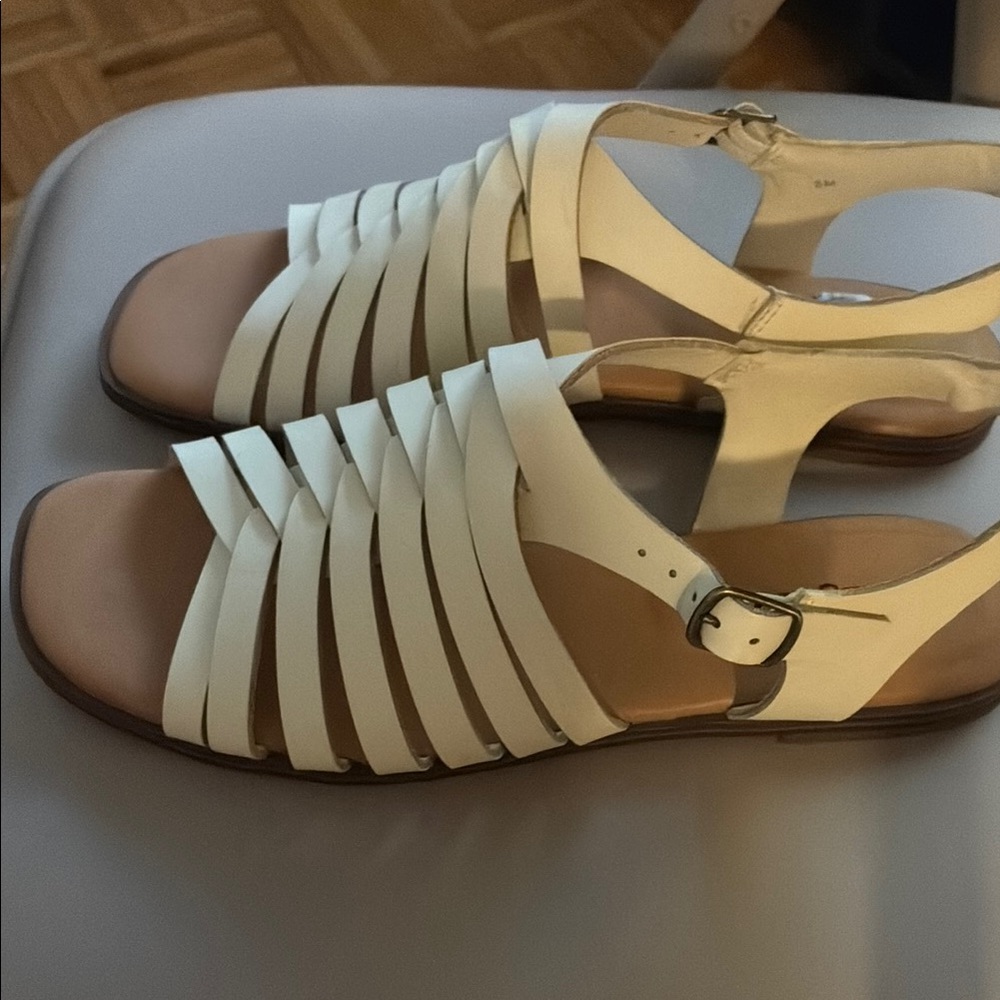 Indigo White Strappy Buckle Flat Sandals